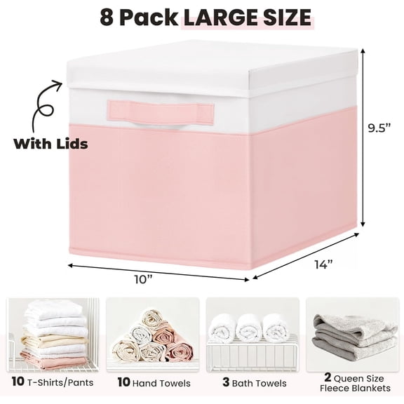 Large Closet Organizer Bins with Lids 8 Pack - Pink Storage Baskets for Shelves Nursery Bedroom Dorm RV - Stackable Decorative Closet Organization Box with Handles for Clothes Purse Blanket Towel