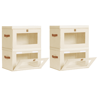 Large Closet Storage Organizer - Clothes Storage Bins with Handles & Window, Collapsible Decorative Boxes with Lids, Fabric Containers for Living Room, Dorm, 4 Pack, Beige