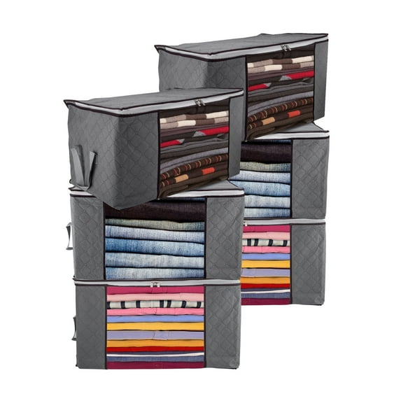 Large Clothes Storage Bags, Keylever 6 Pack 90L Foldable Closet Organizers with Reinforced Handles for Clothes, Blankets, Comforters, Towels, Toys, Grey