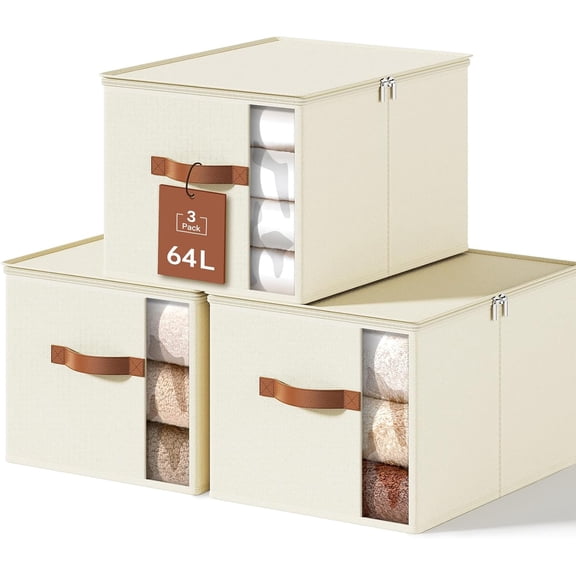 Large Clothes Storage Bins with Sturdy Frame, Foldable Clothing Organizer Box, Sweater Cube Lids and Zipper, Fabric Bedding Bags for Blankets, Seasonal Clothes, Comforter