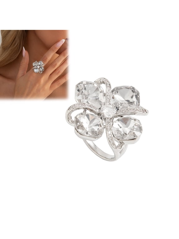 Large Clover Ring for Women Elegant Four-Leaf Lucky Charm with Square Crystal & Pave Accents, Silver-Tone Statement Cocktail Ring, Perfect Gift for Brides & Birthdays