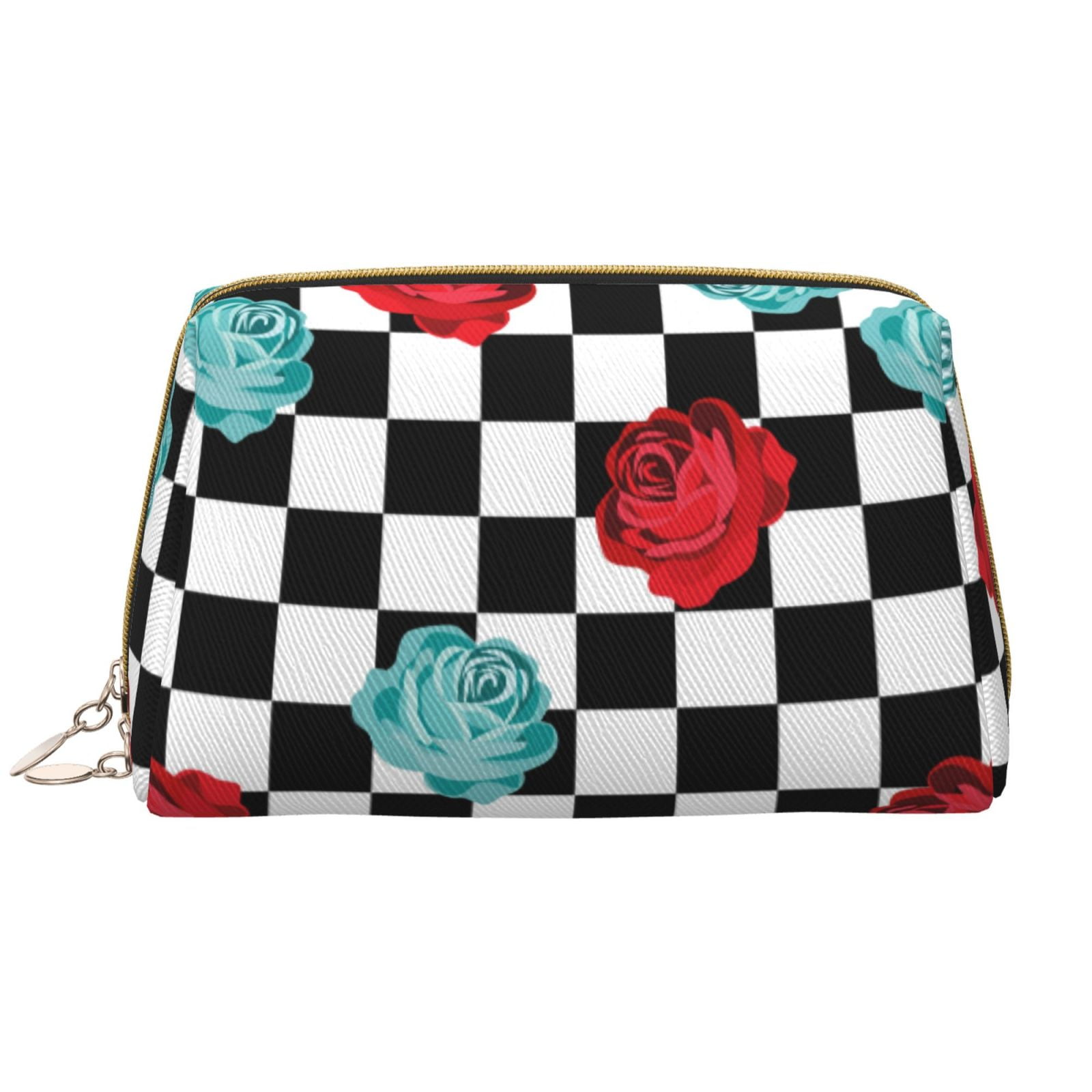 YFYANG Large Clutch Leather Makeup Bag, Checkerboar Flower Travel Toiletries Bag, Ladies