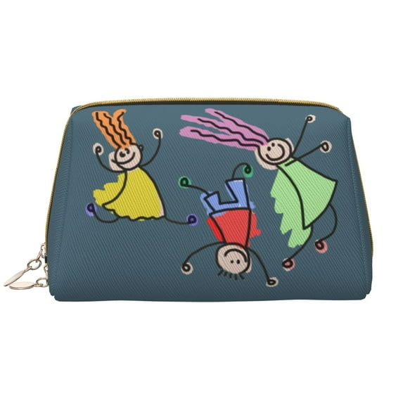 Large Clutch Leather Makeup Bag, Gray Children Drawing Graffiti Travel Toiletries Bag, Ladies Cosmetic Storage Bag
