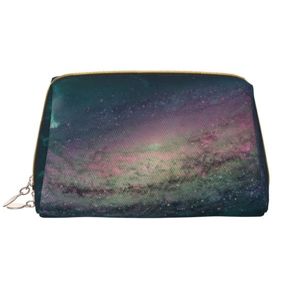 YFYANG Large Clutch Leather Makeup Bag, Green Dream Galaxy Travel Toiletries Bag, Ladies Cosmetic Storage Bag