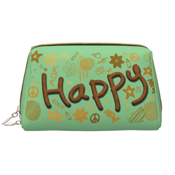 Large Clutch Leather Makeup Bag, Green Khaki Happy Doodle Travel Toiletries Bag, Ladies Cosmetic Storage Bag