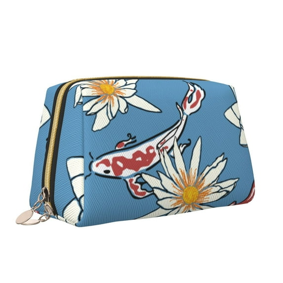 YFYANG Large Clutch Leather Makeup Bag, Koi and Lotus Travel Toiletries Bag, Ladies Cosmetic Storage Bag