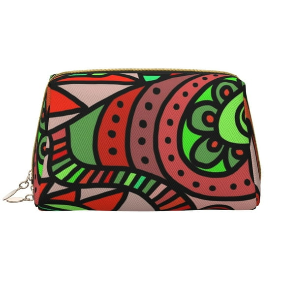 YFYANG Large Clutch Leather Makeup Bag, Red Vintage Painted Travel Toiletries Bag, Ladies Cosmetic Storage Bag