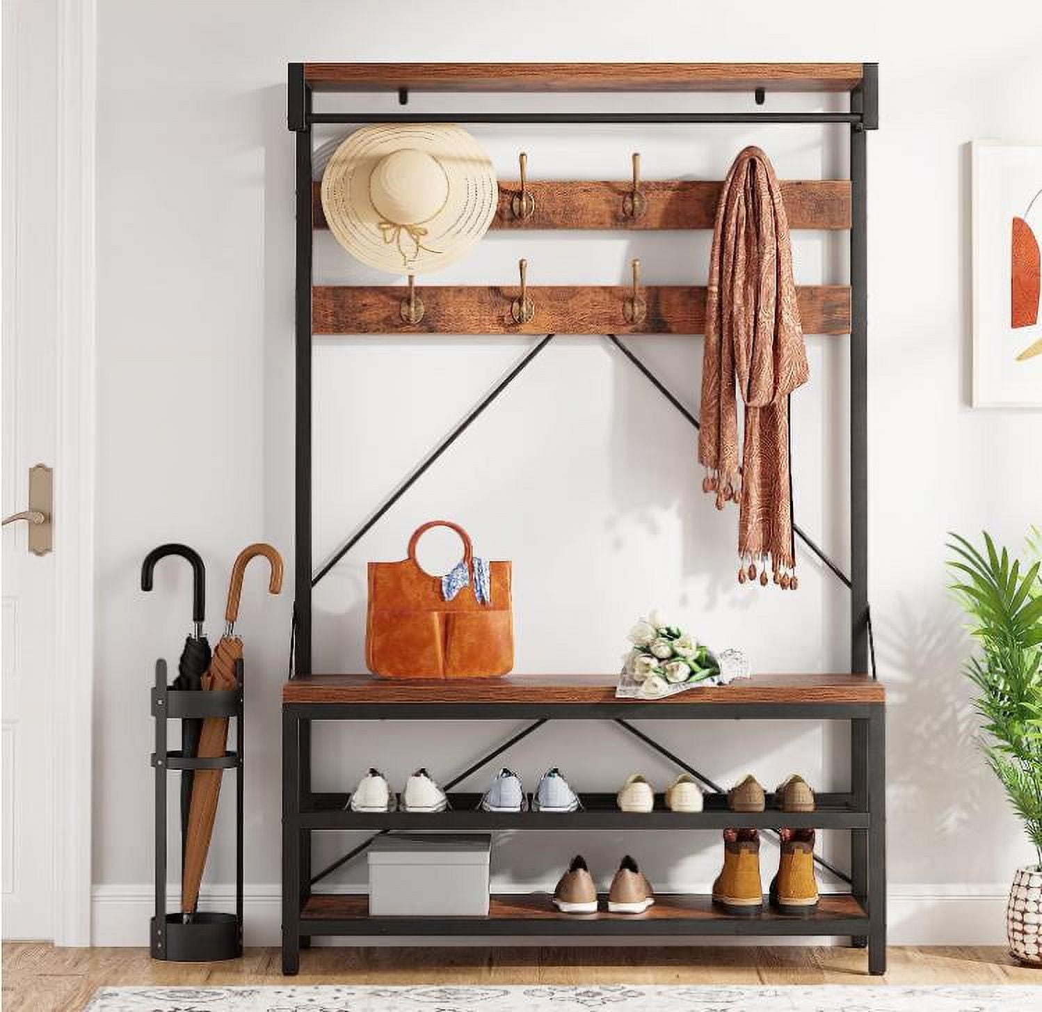 Large Coat Rack Shoe Bench Industrial Hall Tree Storage Bench for Entryway Wood Shoe Rack Bench with Storage Shelf Hanging Bar 8 Hooks Walmart