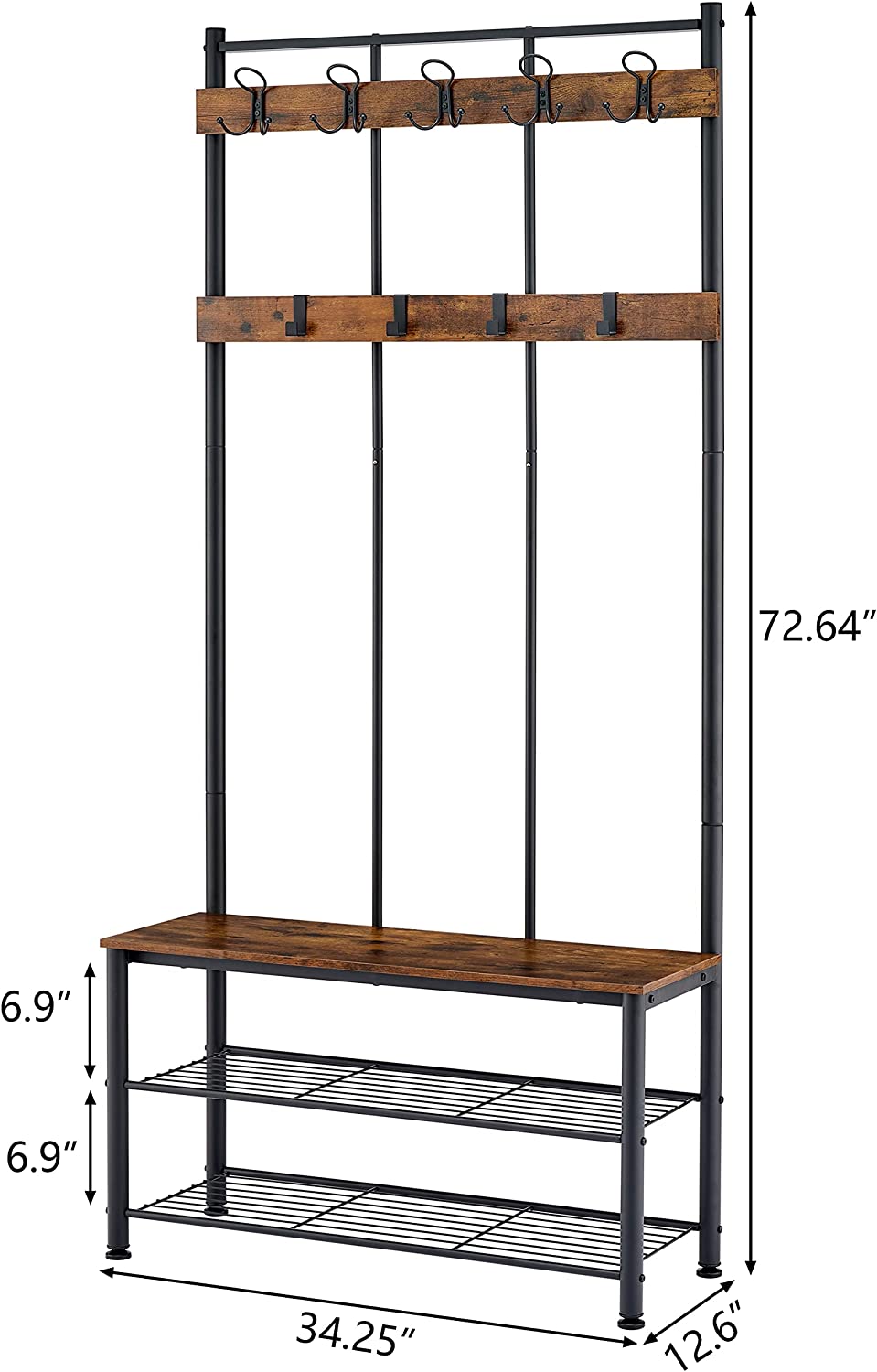 Large Coat Rack Stand, Hall Tree with Bench and Shoe Storage, 3in1