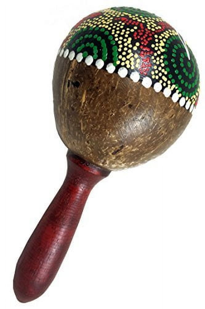 Large Coconut Maracas Shakers Matching Pair (2) - Percussion musical instrument rattle by World Percussion USA - Painted design, stained handle (2)