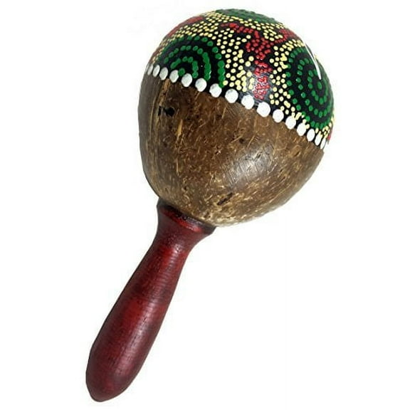 Large Coconut Maracas Shakers Matching Pair (2) - Percussion musical instrument rattle by World Percussion USA - Painted design, stained handle (2)