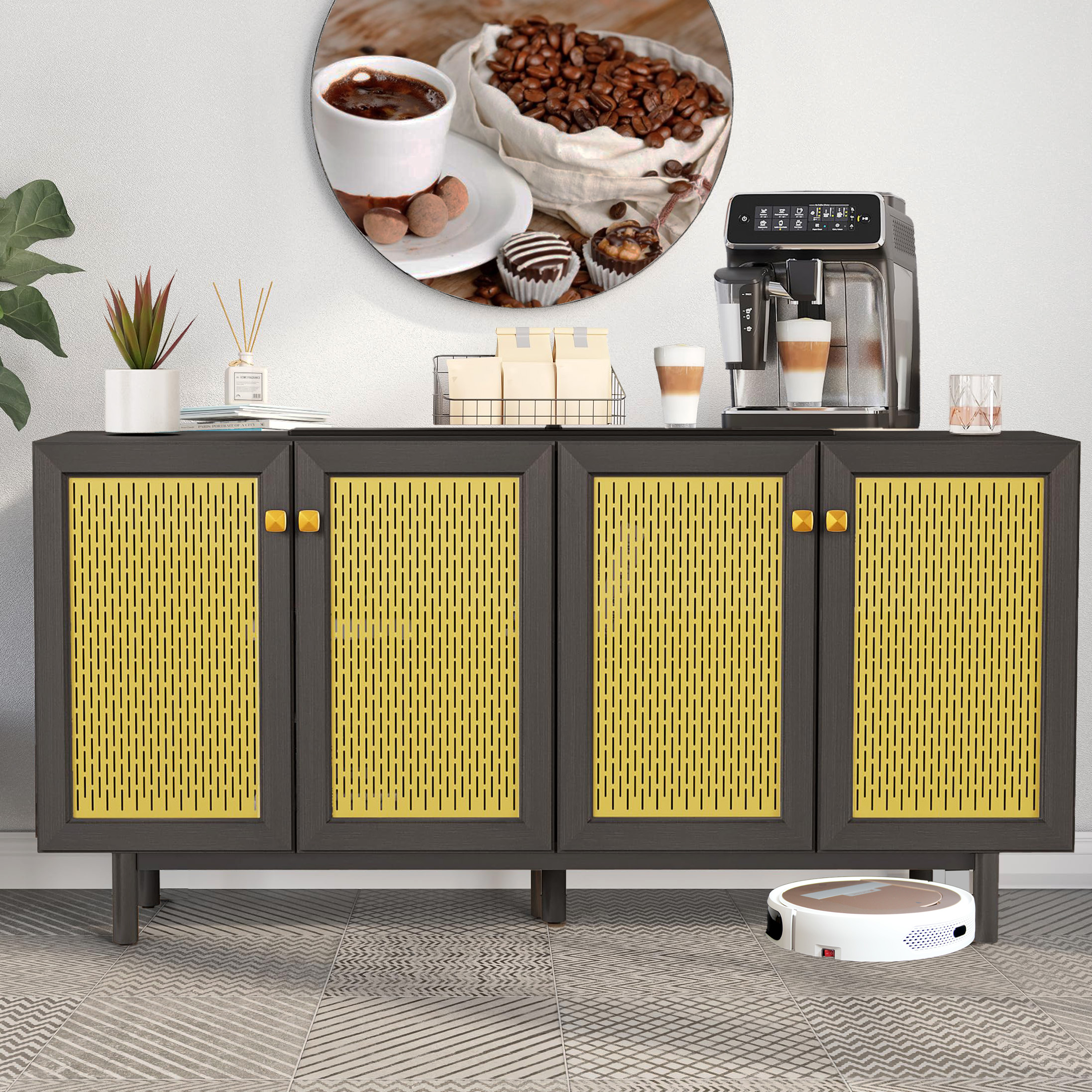 Large Coffee Bar with 4 Doors Storage, Modern Mid Century