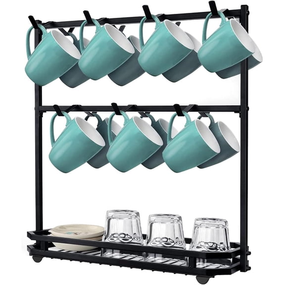 Large Coffee Mug Holder Stand Countertop, Tree Rack for 14 Mugs, 2 Tier Counter Display Storage, Metal Wire Tea Cup Holder for Coffee Station Kitchen Organizer, Not Included Mugs