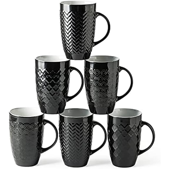 Large Coffee Mugs Set of 6, 20oz Ceramic Tall Coffee Mugs Set with Textured Geometric Patterns for Latte/Tea/Beer/Hot Cocoa, Dishwasher & Microwave Safe, Black