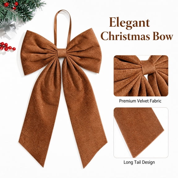Large Coffee Velvet Christmas Bow, 11.42 x 17.72 in Christmas Decorative Bow with Hanging Rope, Big Xmas Bow for Wreath, Door, Wall, Tree Decorations