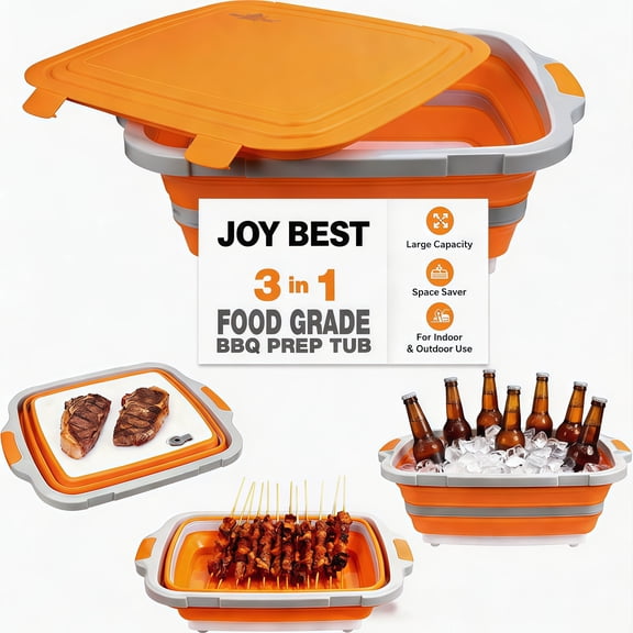 Collapsible BBQ Prep Tub 16L ,for Meal Prep, Marinating, Food Storage,Dish Basin for Kitchen, - Includes Cutting Board Lid - Orange