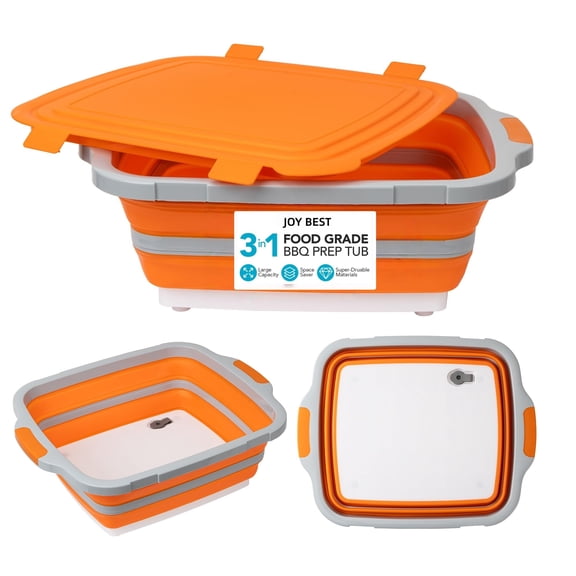 Collapsible BBQ Prep Tub 16L ,for Meal Prep, Marinating, Food Storage,Dish Basin for Kitchen, - Includes Cutting Board Lid - Orange