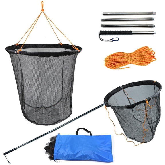 Large Collapsible Bridge Pier Fishing Net Landing With Rod High Load Aluminum Ring Drop For Saltwater And Freshwater Basket 49.2 Ft. Rope