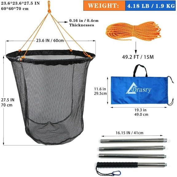 Large Collapsible Bridge Pier Fishing Net with Rod - Black, 23.6*23.6*27.5 IN / 60*60*70cm