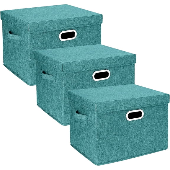 Large Collapsible Fabric Storage Bins with Lids 17.3 x 11.8 x 11.4 Inches 3 Pack Aqua Deep