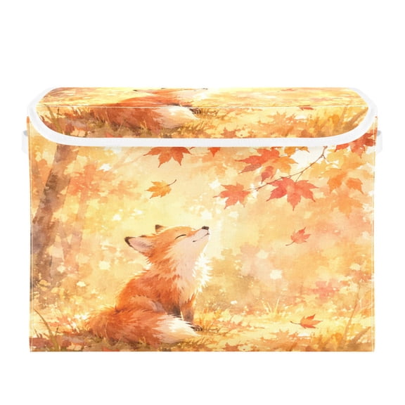 Large Collapsible Fabric Storage Box with Flip Lid & Handles, Decorative Organizer Basket for Home16.512.611.8in Autumn Fox Maple Pattern