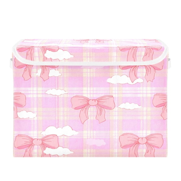 Large Collapsible Fabric Storage Box with Flip Lid & Handles, Decorative Organizer Basket for Home16.512.611.8in Coquette Pink Bow Cloud Plaid