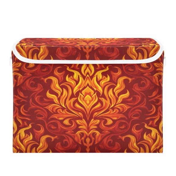 Large Collapsible Fabric Storage Box with Flip Lid & Handles, Decorative Organizer Basket for Home16.512.611.8in Ornate Flame Damask Print