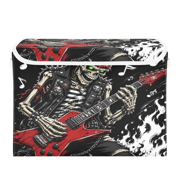 Large Collapsible Fabric Storage Box with Flip Lid & Handles, Decorative Organizer Basket for Home16.512.611.8in Red Guitar Punk Skeleton