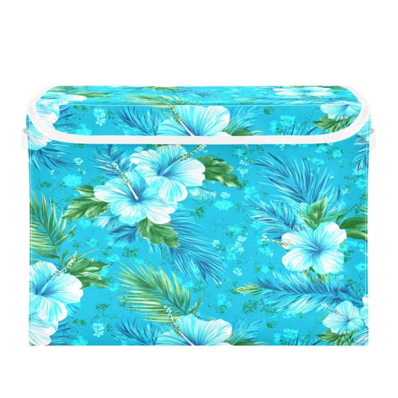 Large Collapsible Fabric Storage Box with Flip Lid & Handles, Decorative Organizer Basket for Home16.512.611.8in Turquoise Hibiscus Tropical Print