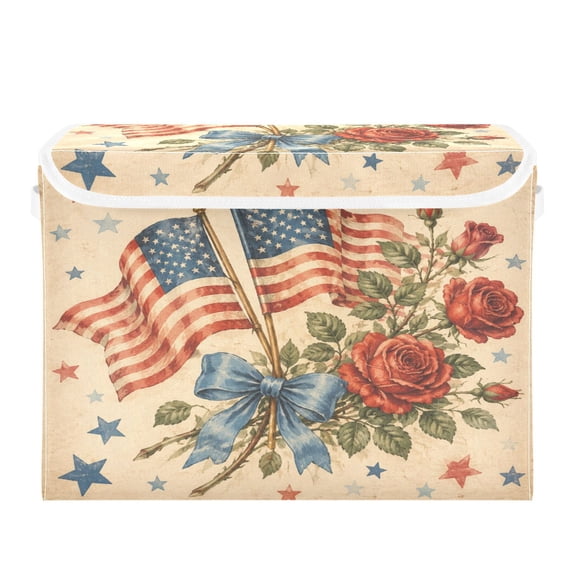 Large Collapsible Fabric Storage Box with Flip Lid & Handles, Decorative Organizer Basket for Home16.512.611.8in Vintage Patriotic Flag Roses