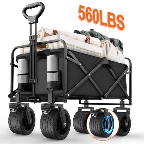 Qunler Large Collapsible Folding Wagon, 560 lbs Heavy Duty Big Bucket Utility Garden Cart with Oversized Tank Wheels for Sports, Shopping, Camping, Kids, Black