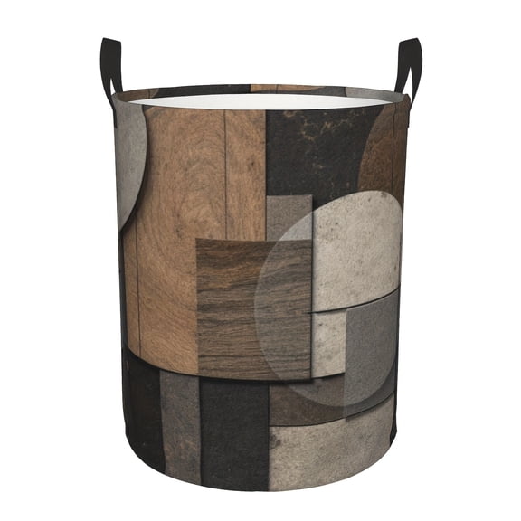 Large Collapsible Round Laundry Hamper with Faux Leather Handles – Scandinavian Style Wood & Gray Patchwork Design, Polyester Material, Perfect for Dorms, Families, and Multi-Room Use,Laundry Baskets