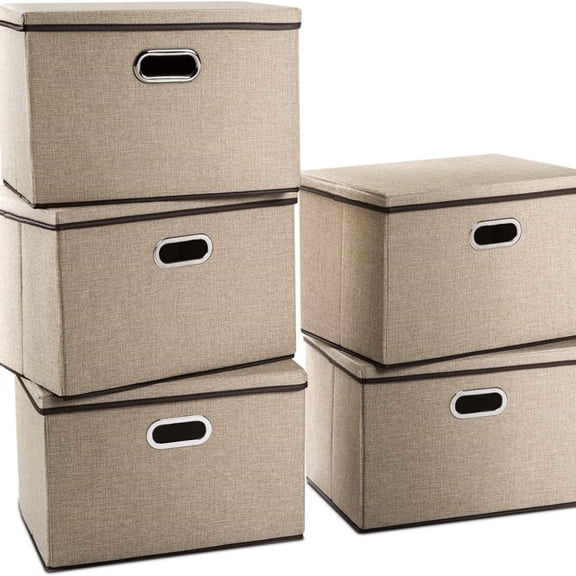 Large Collapsible Storage Baskets with Lids [5-Pack] Jute Fabric Foldable Storage Bins Boxes Organizer Containers Cube with Cover for Home Bedroom Closet Office Nursery (17.7x11.8x11.8)