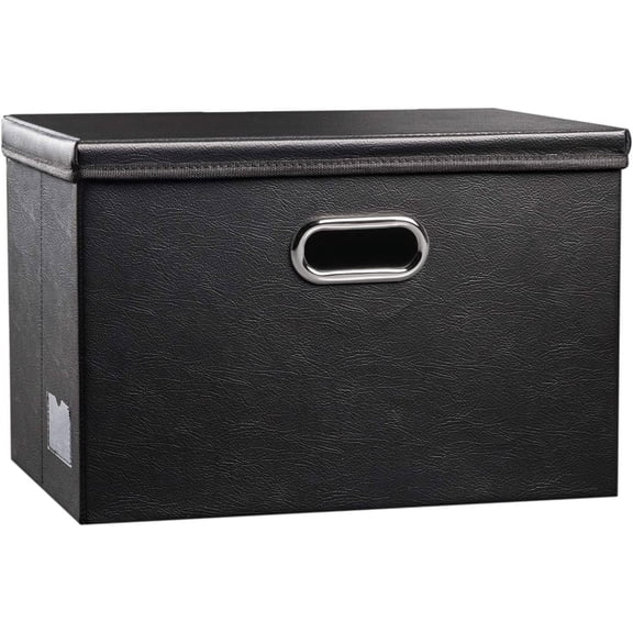 Large Collapsible Storage Bin with Lid [1-Pack] Leather Fabric Foldable Storage Box Organizer Containes Basket Cube with Cover for Home Bedroom Closet Office Nursery Black (17.7x11.8x11.8)