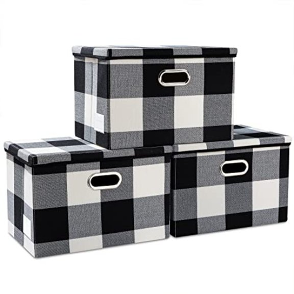 Large Collapsible Storage Bins with Lids [3-Pack] Fabric Foldable Storage Boxes Organizer Containers Baskets Cube with Cover for Home Bedroom Closet Office Black and White 17.7x11.8x11.8
