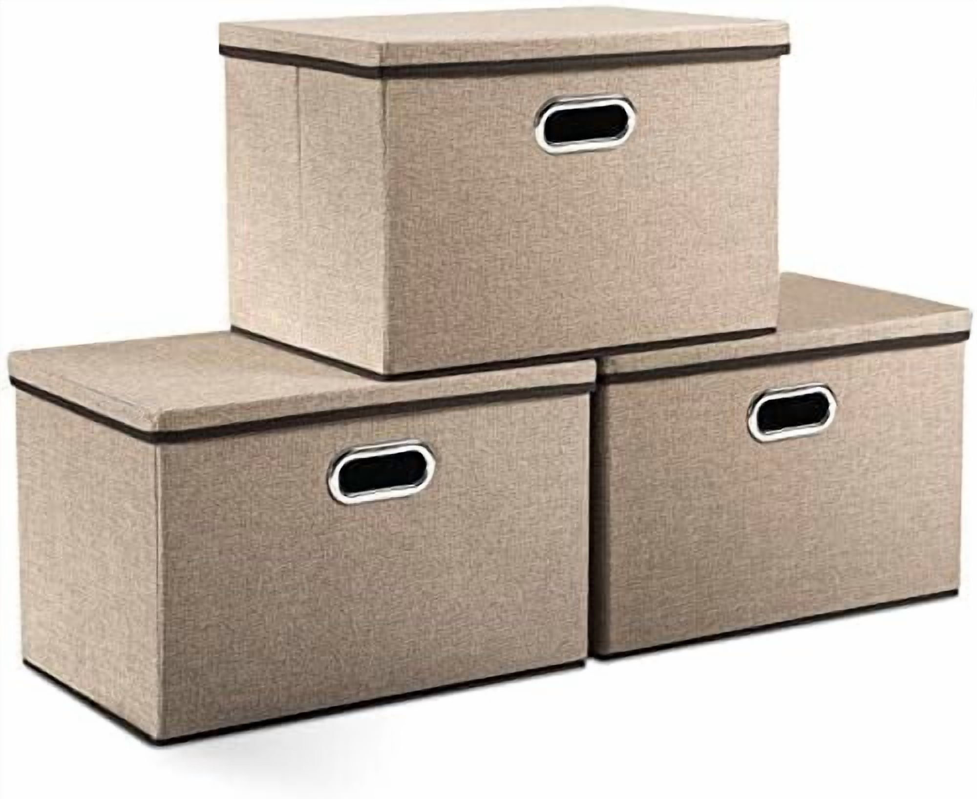 Large Collapsible Storage Bins with Lids [3-Pack] Jute Fabric Foldable ...