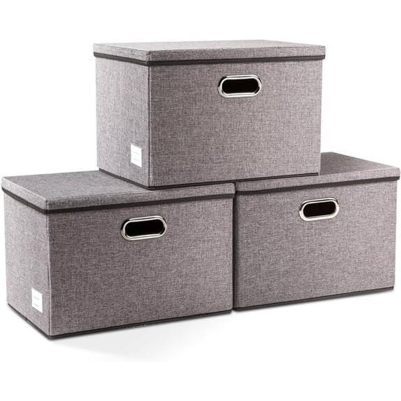 Large Collapsible Storage Bins with Lids [3-Pack] Linen/Cotton Blend Foldable Storage Boxes Organizer Containers Baskets Cube with Cover for Home Bedroom Closet Office Nursery(17.7x11.8x11.8)