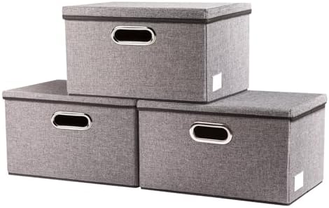 Large Collapsible Storage Bins with Lids [3-Pack] Linen Fabric Foldable ...