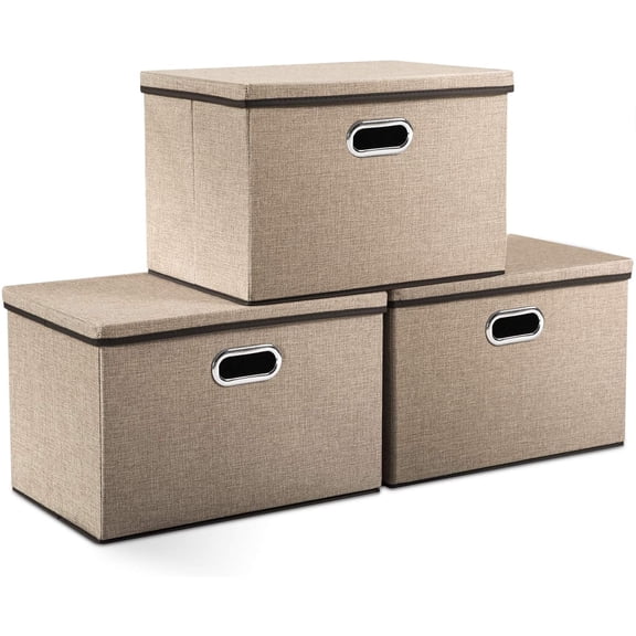 Large Collapsible Storage Bins with Lids 3-Pack Jute Fabric Foldable Cube Organizers 17.7 x 11.8 x 11.8 Inches Khaki