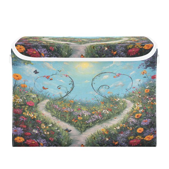 Large Collapsible Storage Box Flip Lid Fabric Decorative Organizer Container Basket with Handles 16.512.611.8in Beautiful Garden
