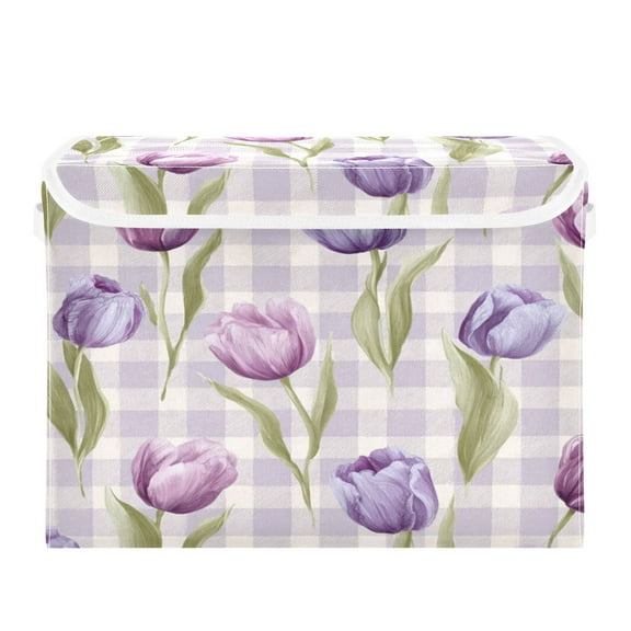 Large Collapsible Storage Box Flip Lid Fabric Decorative Organizer Container Basket with Handles 16.512.611.8in Beautiful Pinkish-purple Tulips