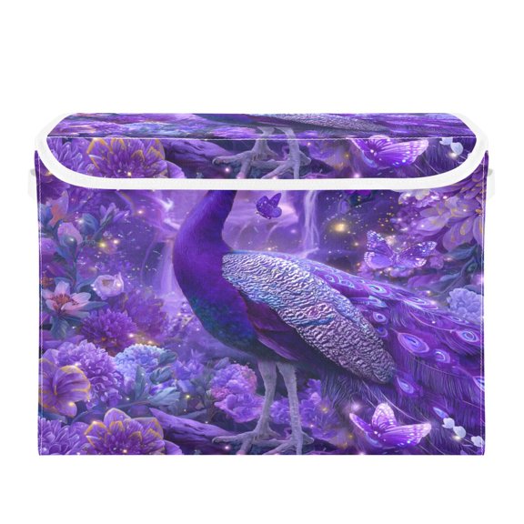 Large Collapsible Storage Box Flip Lid Fabric Decorative Organizer Container Basket with Handles 16.512.611.8in Beautiful Purple Peacock