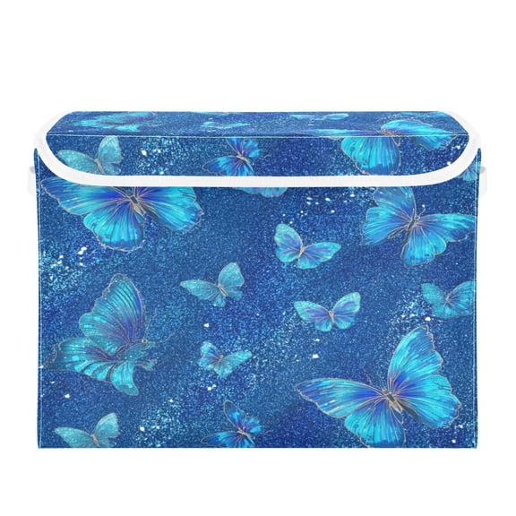 Large Collapsible Storage Box Flip Lid Fabric Decorative Organizer Container Basket with Handles 16.512.611.8in Blue Glitter Butterfly