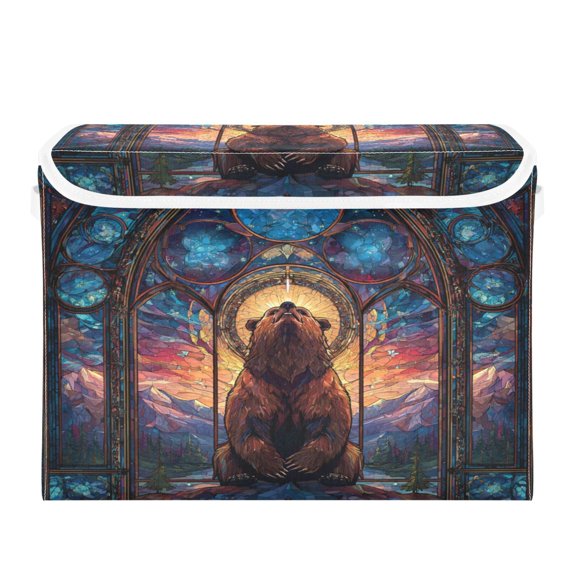 Large Collapsible Storage Box Flip Lid Fabric Decorative Organizer Container Basket with Handles 16.512.611.8in Brown Majestic Bear
