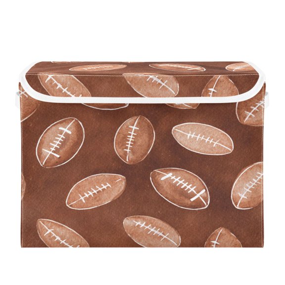 Large Collapsible Storage Box Flip Lid Fabric Decorative Organizer Container Basket with Handles 16.512.611.8in Brown Rugby Balls Pattern