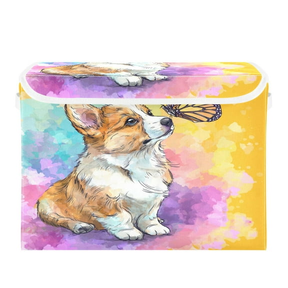 Large Collapsible Storage Box Flip Lid Fabric Decorative Organizer Container Basket with Handles 16.512.611.8in Cartoon Drawing Of A Corgi