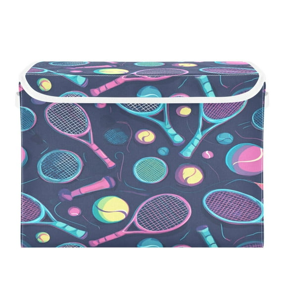 Large Collapsible Storage Box Flip Lid Fabric Decorative Organizer Container Basket with Handles 16.512.611.8in Cartoon Tennis Rackets