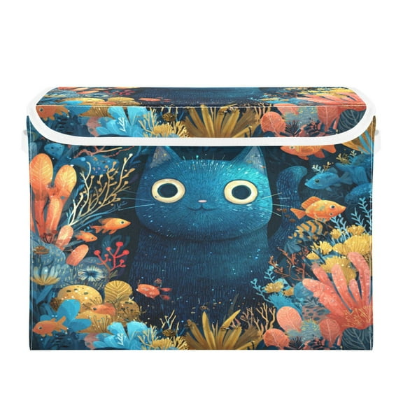 Large Collapsible Storage Box Flip Lid Fabric Decorative Organizer Container Basket with Handles 16.512.611.8in Cat under The Sea