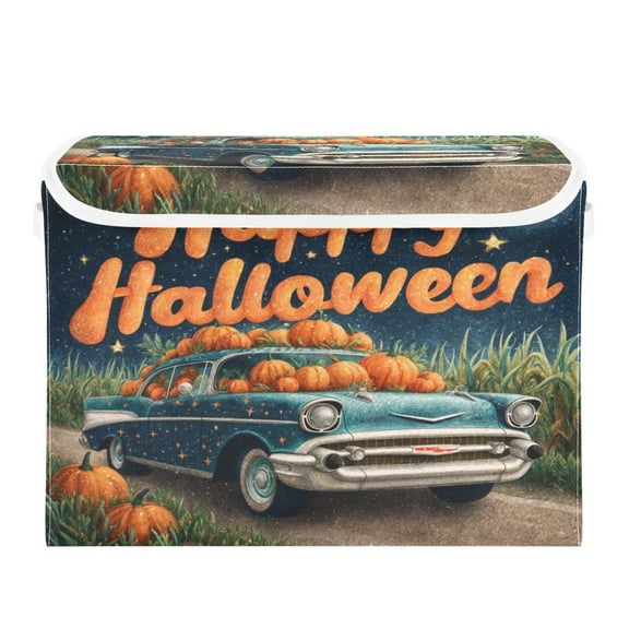 Large Collapsible Storage Box Flip Lid Fabric Decorative Organizer Container Basket with Handles 16.512.611.8in Classic Car Loaded with Pumpkins