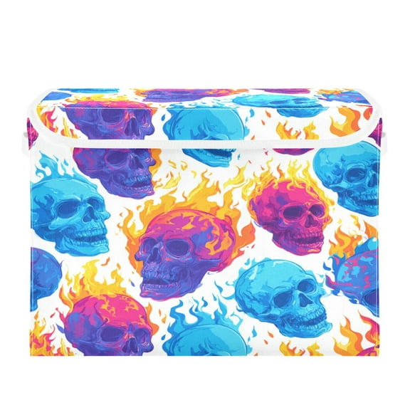 Large Collapsible Storage Box Flip Lid Fabric Decorative Organizer Container Basket with Handles 16.512.611.8in Colorful Skulls with Flames